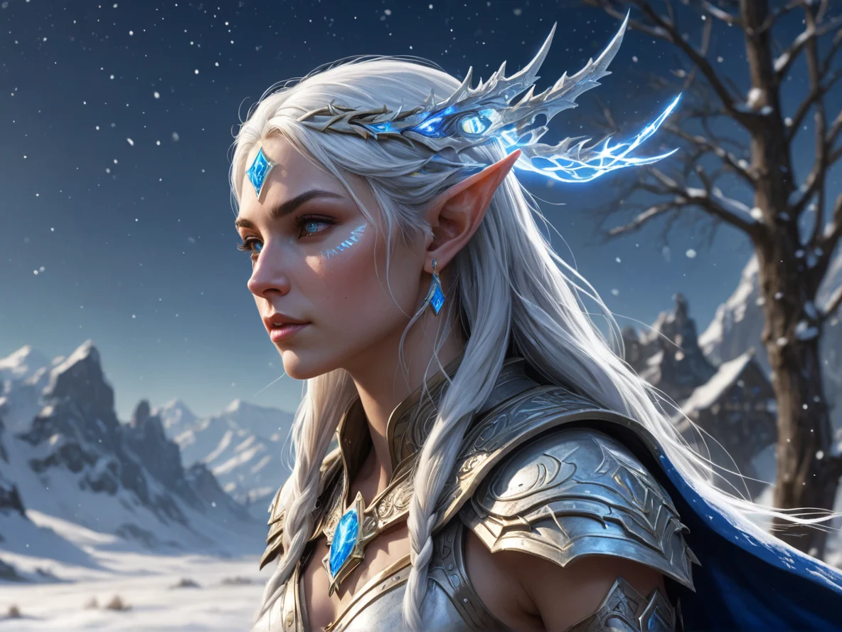Lightforged (Elf:1.1), Sorcerer, A silver circlet trailing ribbons of blue light, three-quarter view, snowy plains, weak