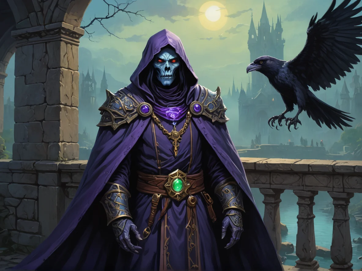 Blessed (Undead:1.1), Shadow Priest, A small clockwork raven following closely, close-up portrait, ancient bridge, weak