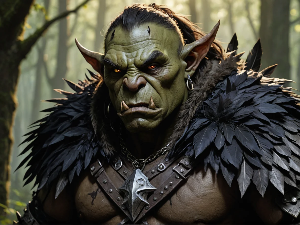 Stonebound (Orc:1.1), Hunter, Cloak made of raven feathers and shadow, close-up portrait, enchanted forest, weak