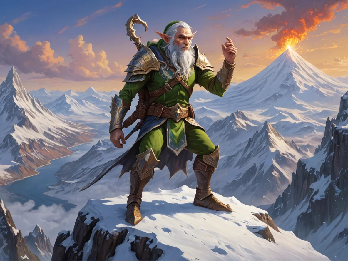 Dominant (Elf:1.1), Starcaller, Atop a snow-capped mountain, dynamic angle, volcanic crater, weak
