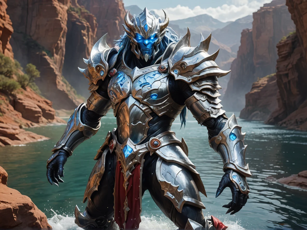 Timeworn (Water Elemental:1.1), black seawater body, white foam crest, graceful stance, Silver armor with shimmering reflections, close-up portrait, red canyon, weak
