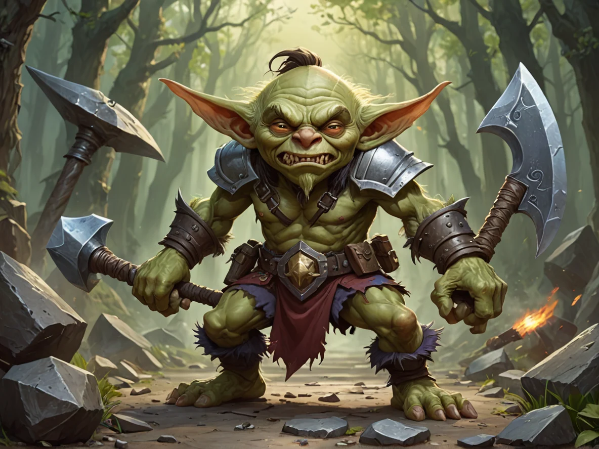 Steel-minded (Goblin:1.1), Witch, Wields an imposing double-bladed axe, dynamic angle, weak