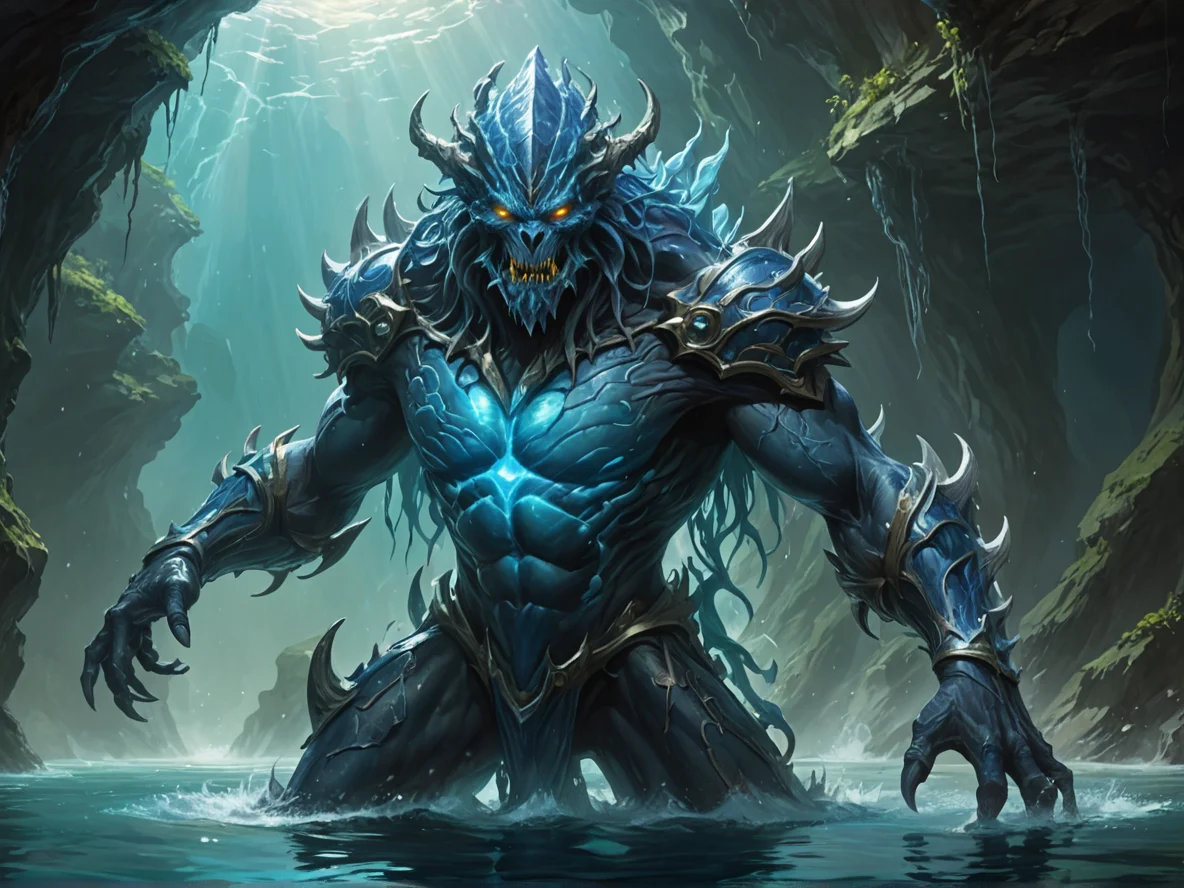 Shadowbound (Water Elemental:1.1), translucent water body, wave limbs, tide core, streaming fins, A polished visor reflecting a different sky, close-up portrait, deep cavern, weak