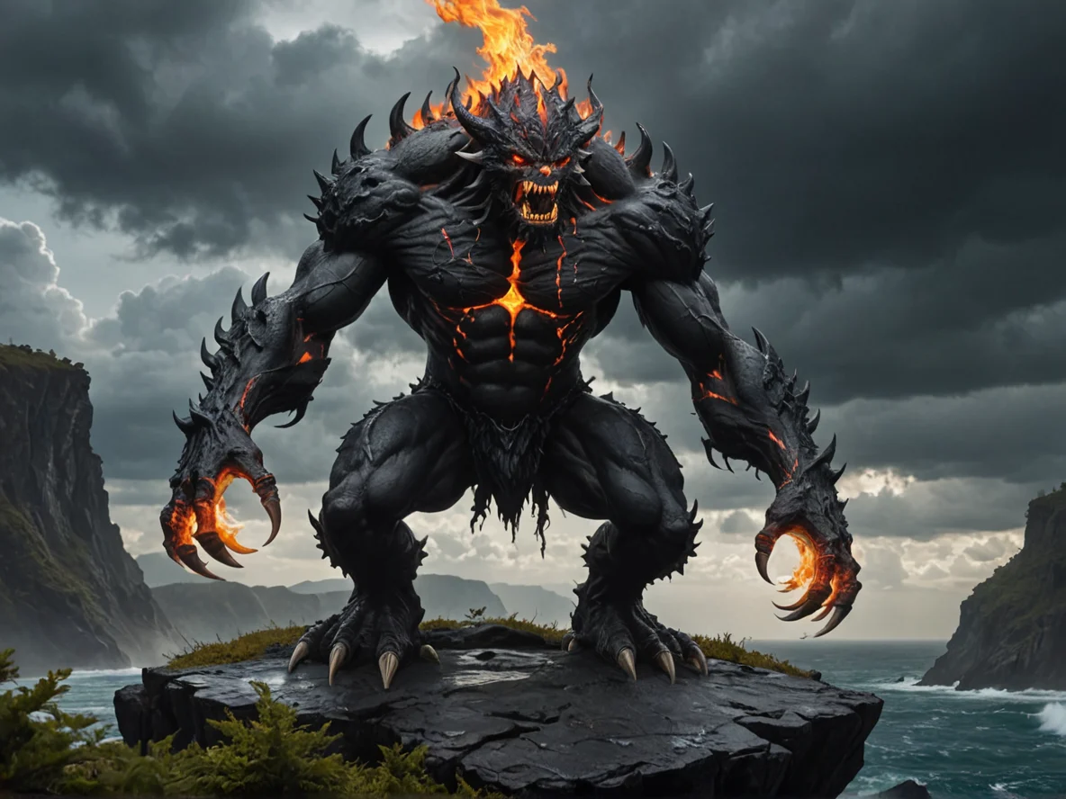 Savage (Fire Elemental:1.1), black volcanic body, white-hot seams, slender silhouette, On a cliffside, overlooking a stormy sea, low angle shot, mushroom forest, weak