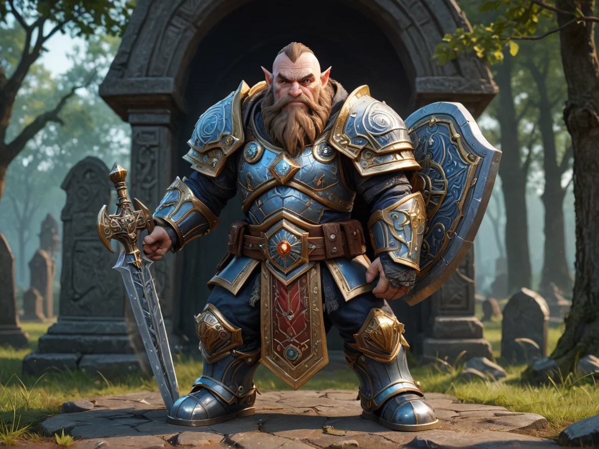 Celestial (Dwarf:1.1), Inquisitor, A shield built from interlocking books with metal covers, three-quarter view, ancient cemetery, weak