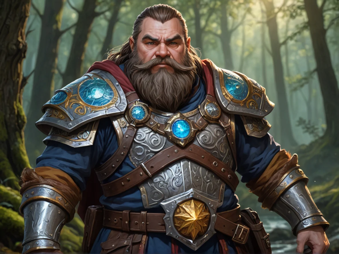 Starforged (Dwarf:1.1), Artificer, A cape weighted with engraved metal plates, waist-up shot, blackwater swamp, weak