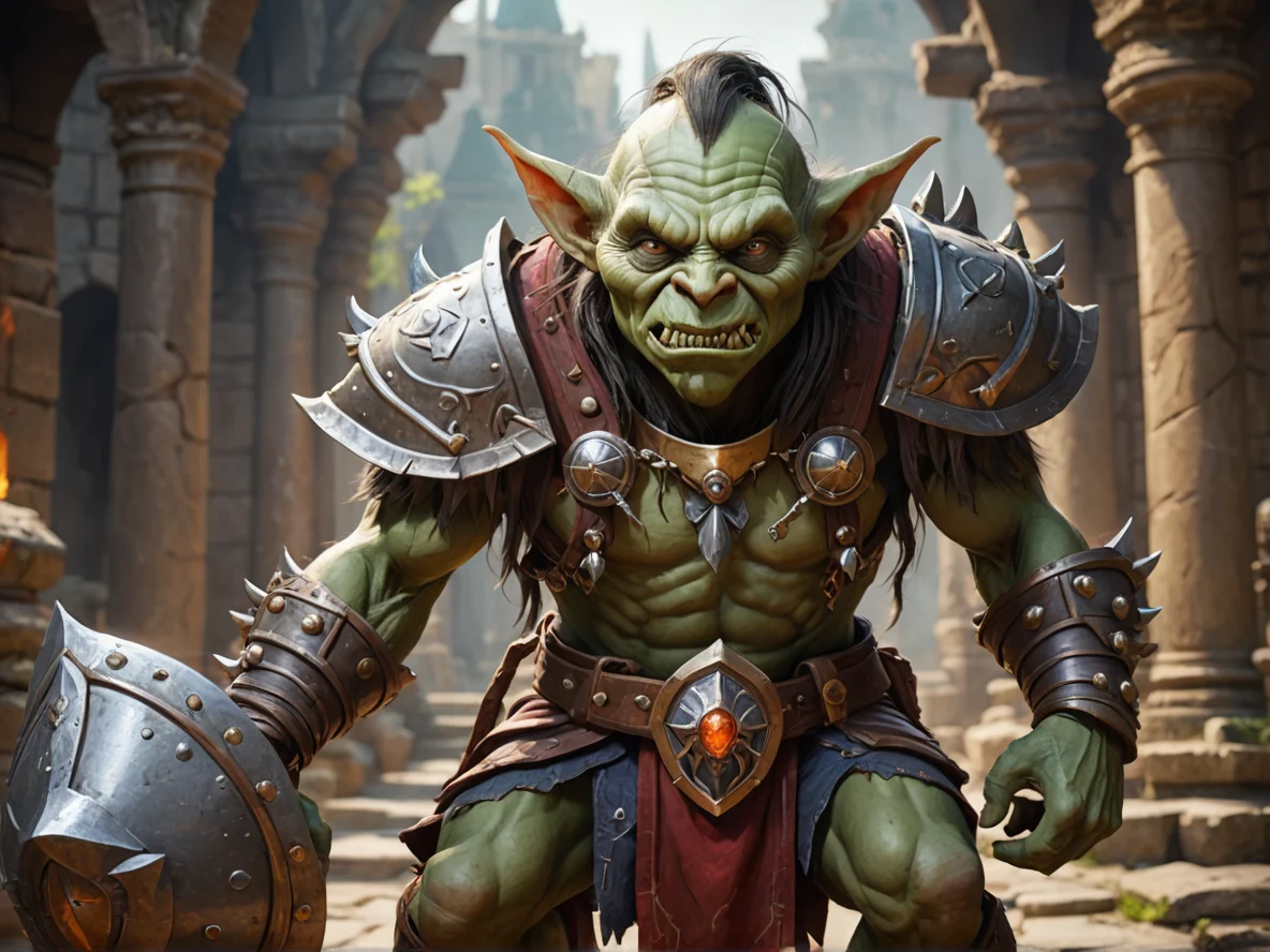 Sinister (Goblin:1.1), Alchemist, In a defensive stance, shield raised in front of them, close-up portrait, ancient temple, weak
