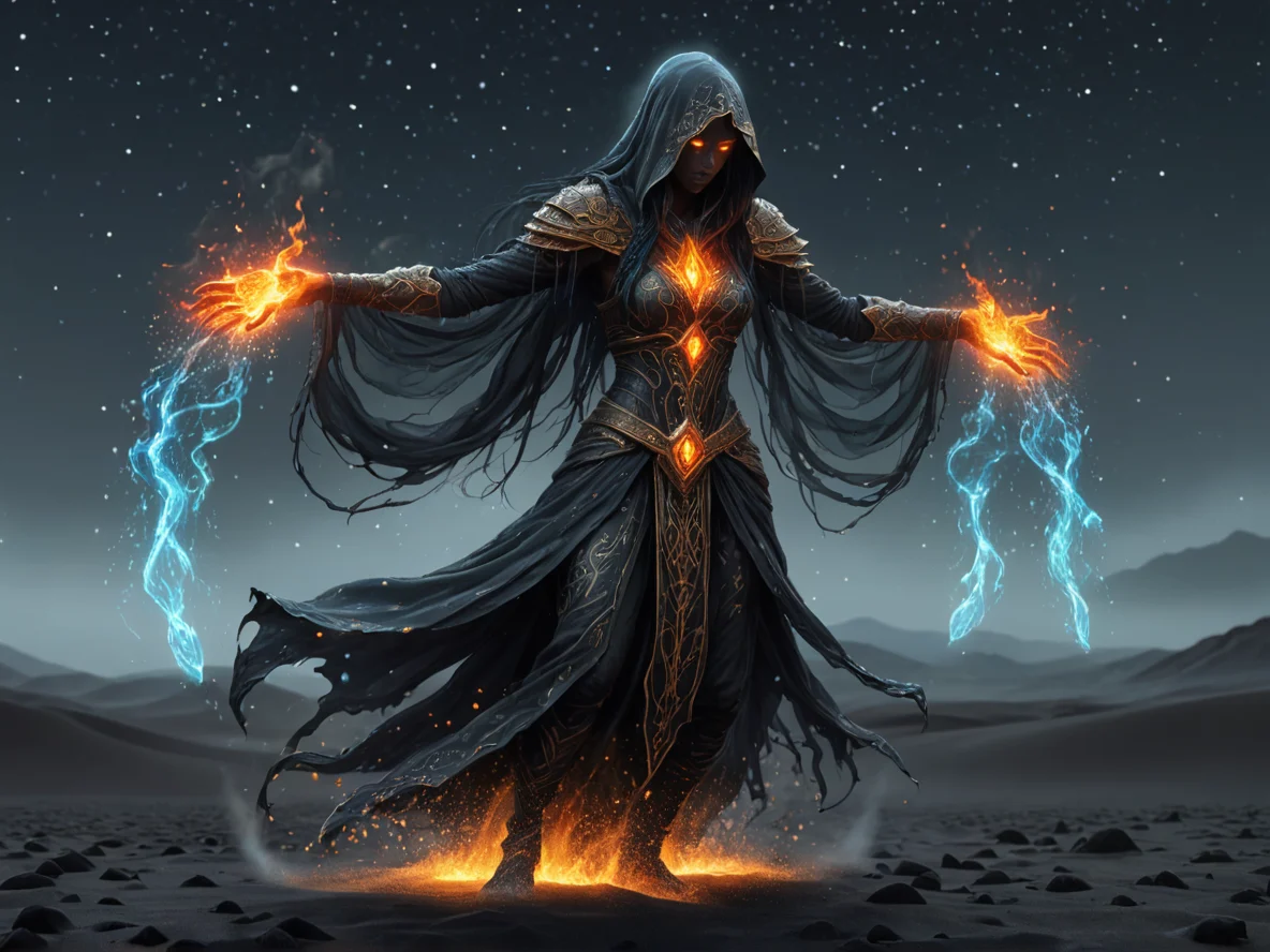 Flame-touched (Water Elemental:1.1), mist elemental, suspended droplets, faint silhouette, A veil embroidered with miniature constellations, dynamic angle, black sand desert, weak