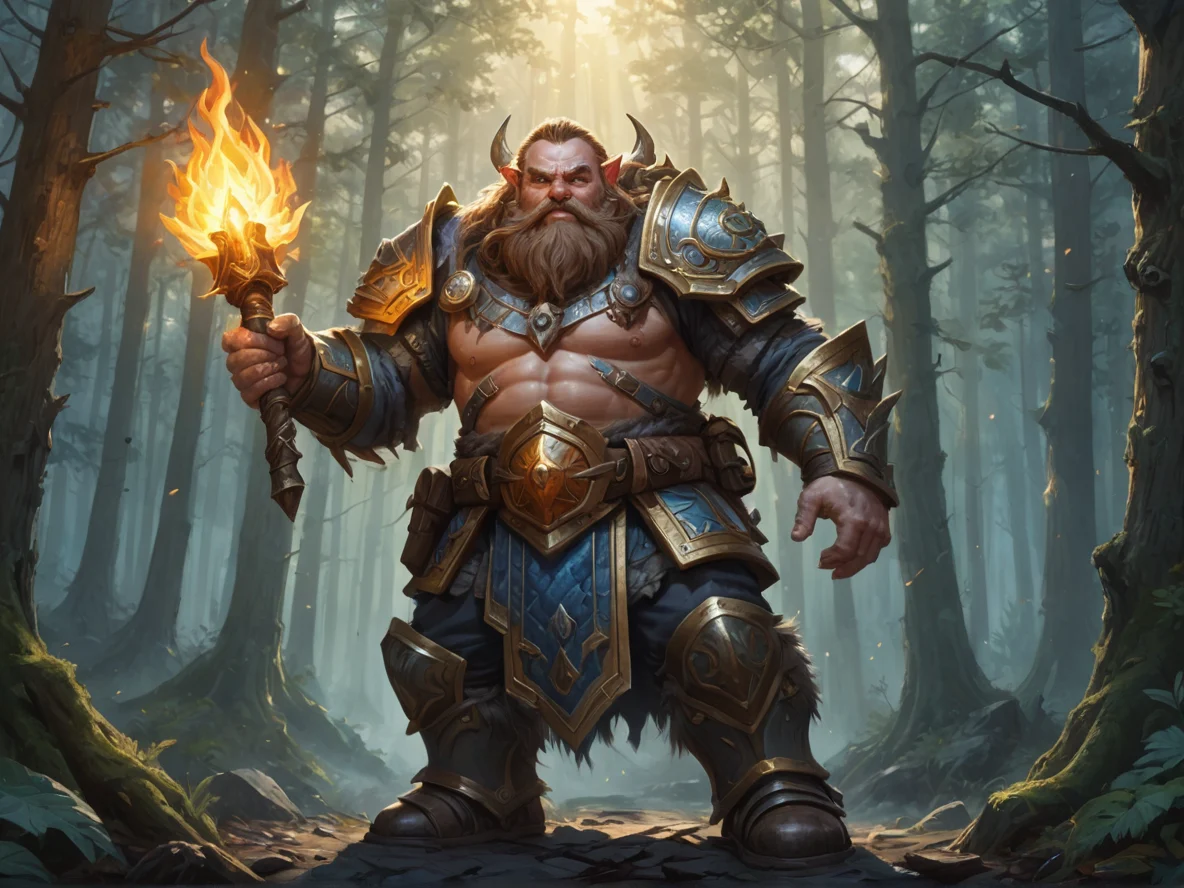 Flameforged (Dwarf:1.1), Paladin, Lance gleaming with holy light, low angle shot, misty forest, weak