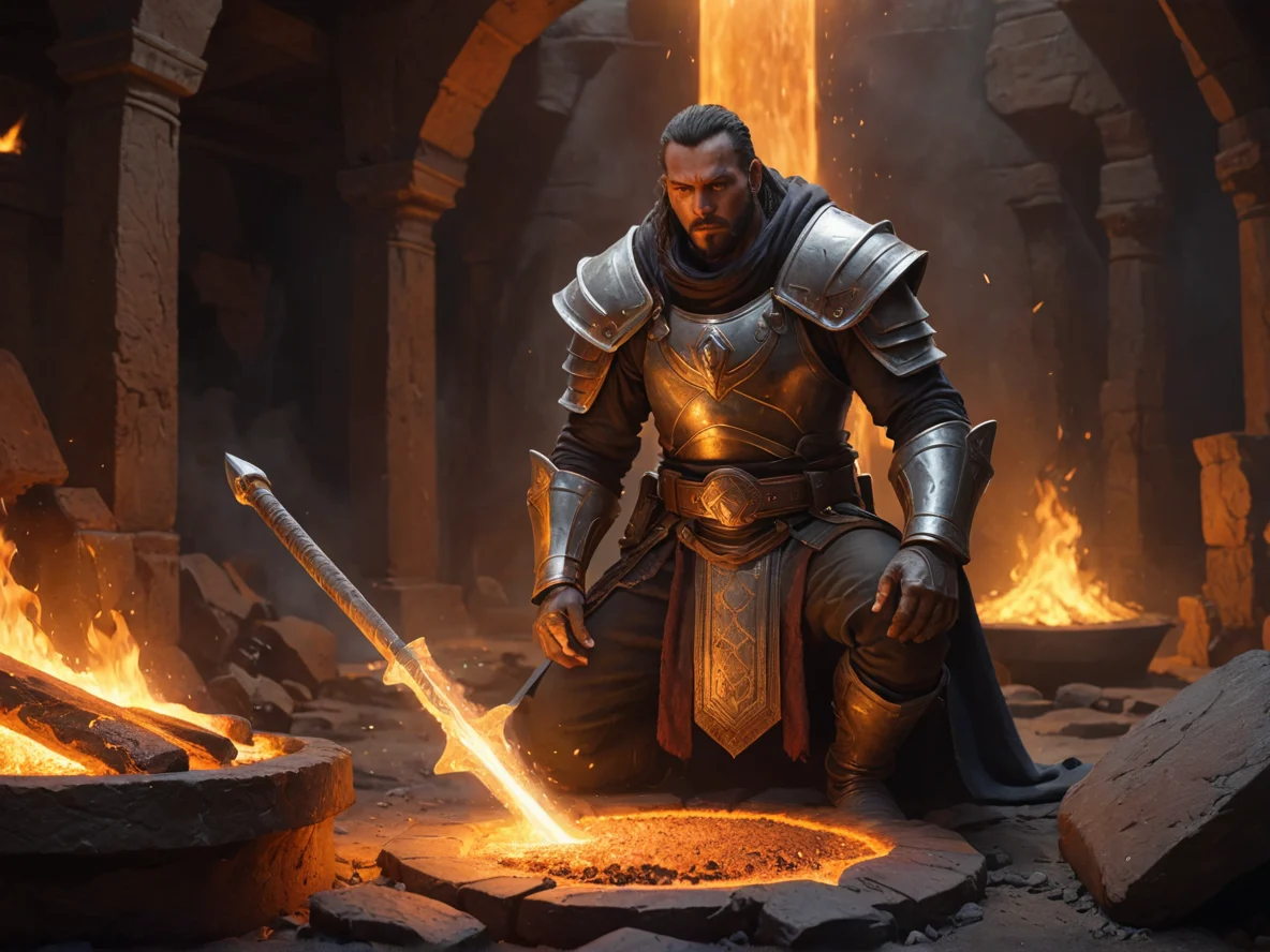 Generous Human male, North African, Templar, In a forge, crafting a glowing weapon, low angle shot, volcanic crater, weak