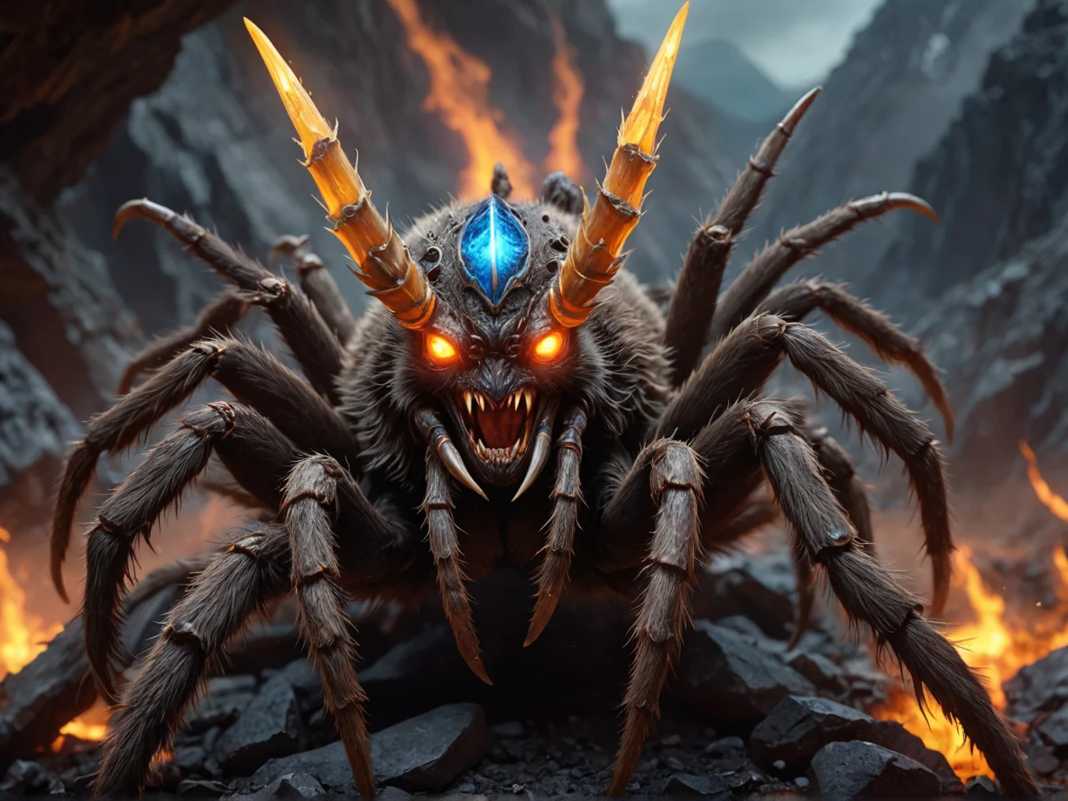 Grim (Tarantula:1.1), A quiver of luminous arrows, close-up portrait, volcanic mountain, weak