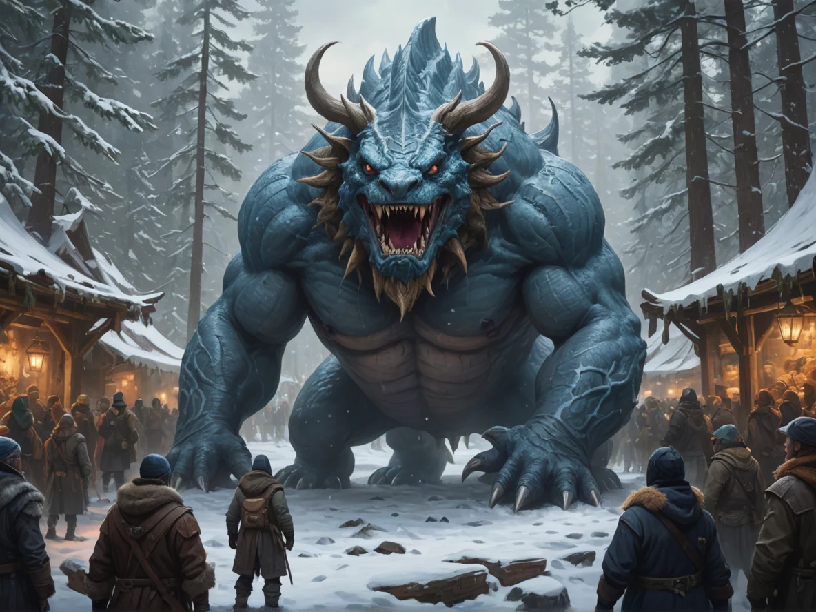 Tenacious (Leviathan:1.1), In a marketplace, observing the crowd with a calculating gaze, three-quarter view, snowy pine forest, weak