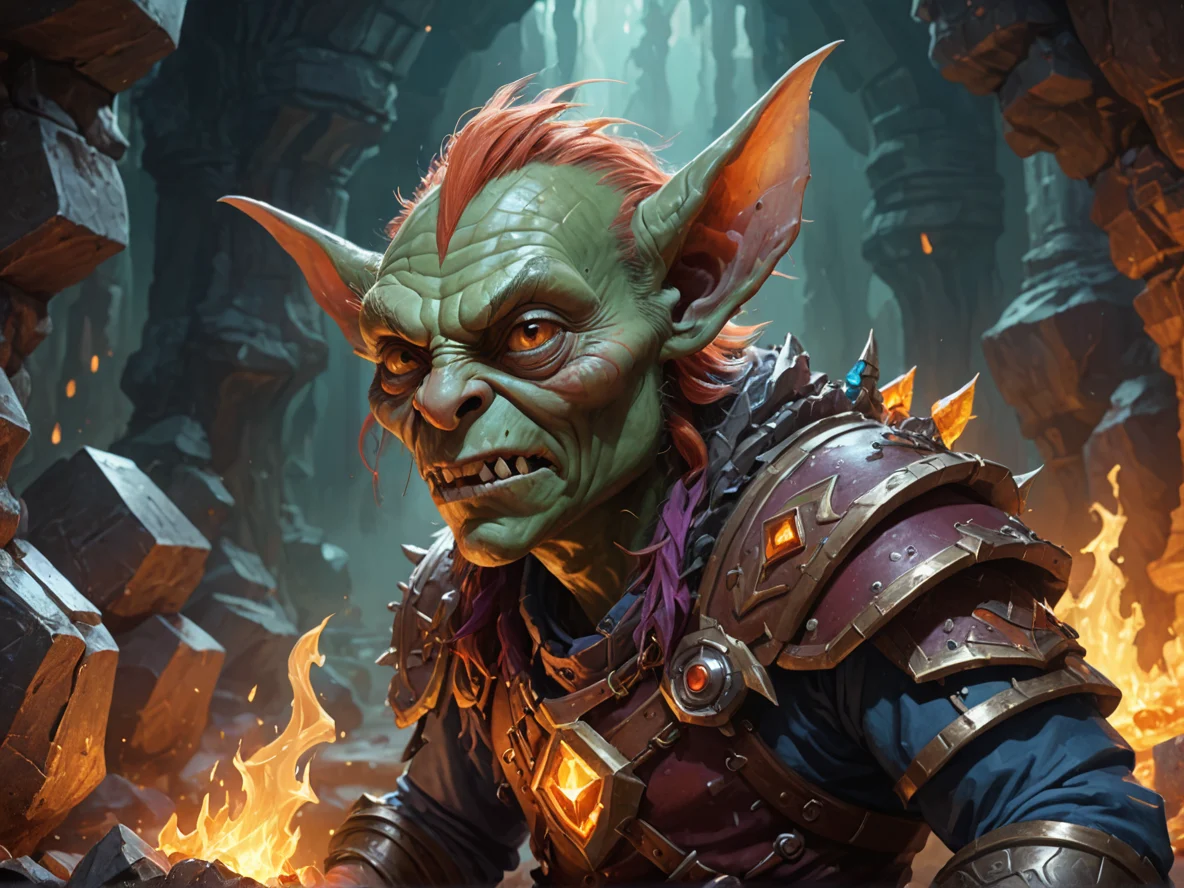 Icebound (Goblin:1.1), Pyromancer, In a cavern where crystals pulse like a heartbeat, close-up portrait, overgrown ruins, weak