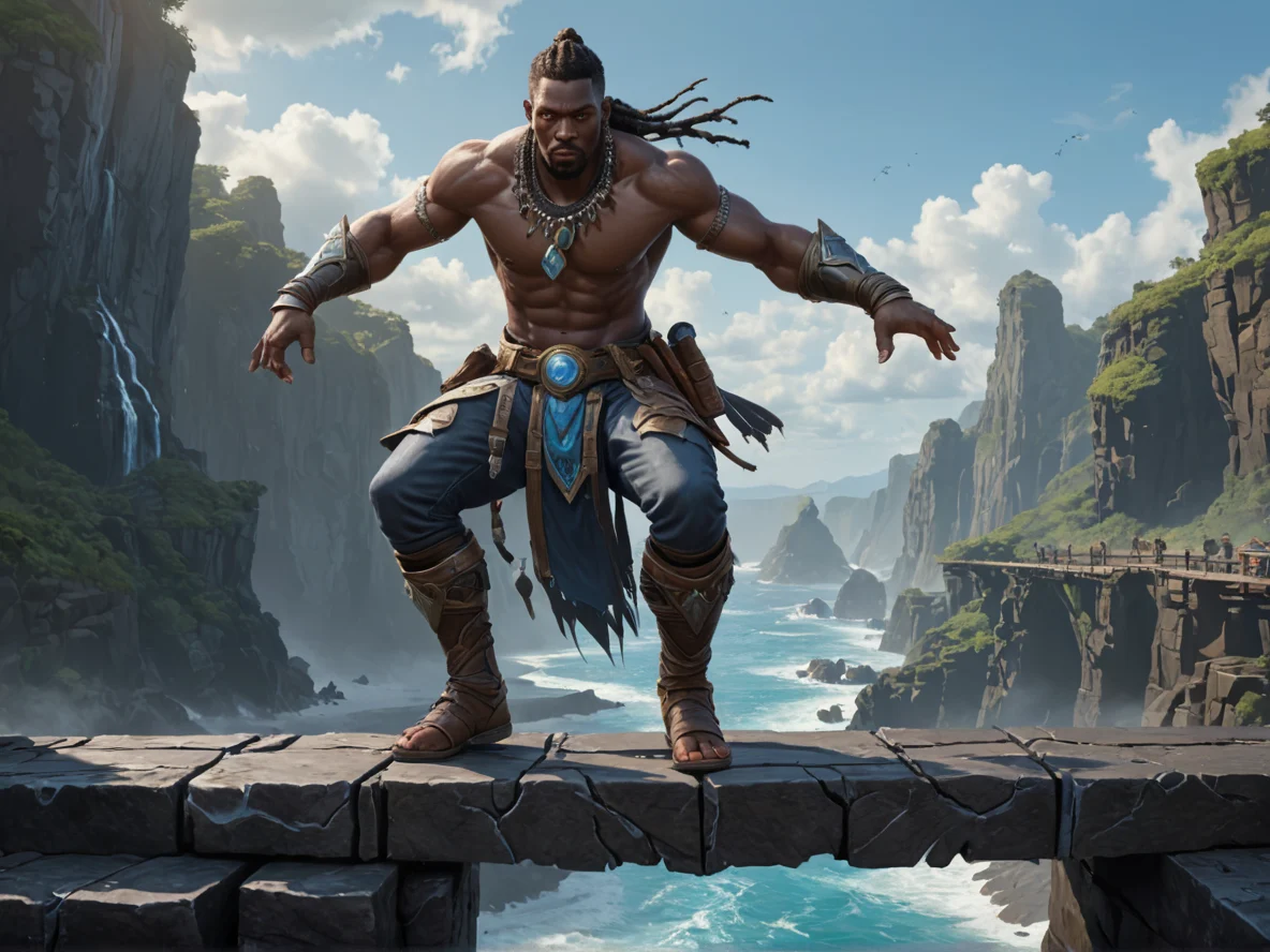 Frostborn Human male, African, Gunslinger, Balancing on shattered bridge above abyss, dynamic angle, black sand beach, weak