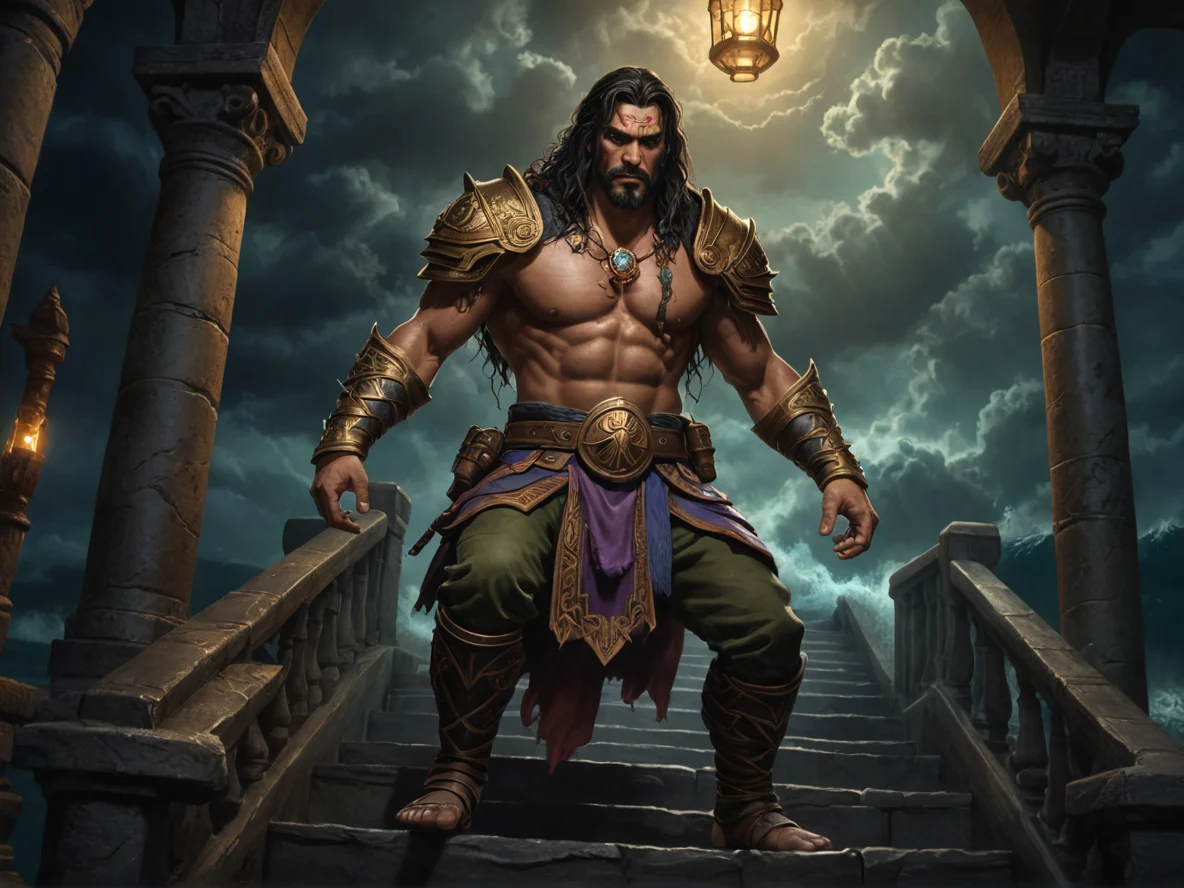 Bonecarved Human male, Latino, Templar, On a staircase descending into darkness, lantern held high, full-body shot, stormy ocean, weak