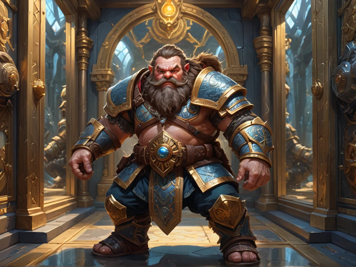 Tactical (Dwarf:1.1), Warrior, In a hall of mirrors, reflections moving independently, three-quarter view, clockwork workshop, weak