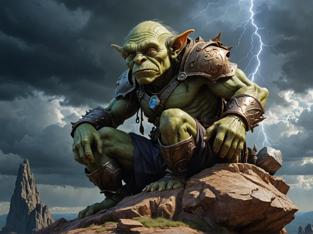 Wise (Goblin:1.1), Engineer, On a cliff carved into the likeness of a sleeping titan, low angle shot, thunderstorm sky, weak