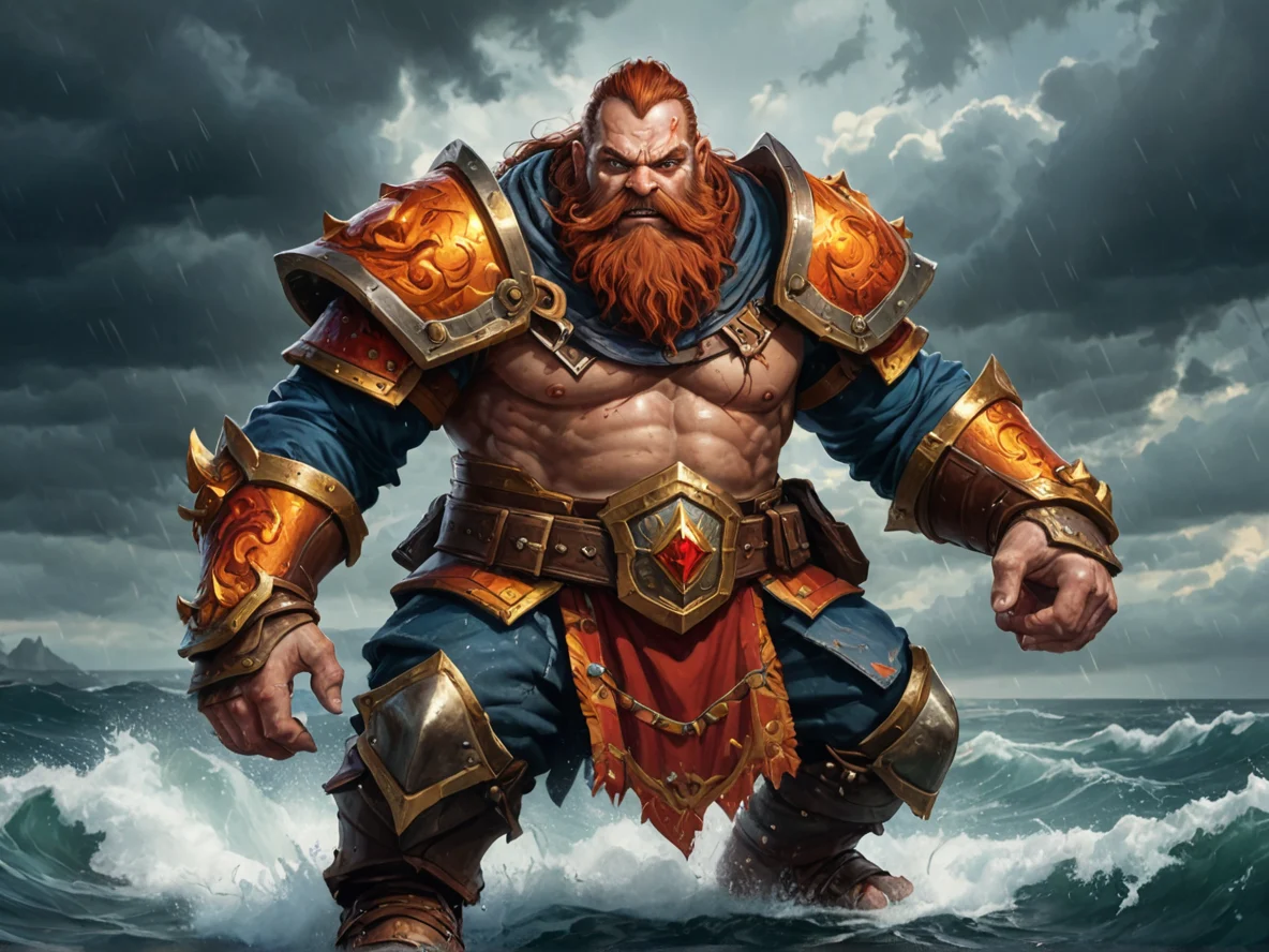 Ironclad (Dwarf:1.1), Paladin, Wears fiery bracers, low angle shot, stormy ocean, weak