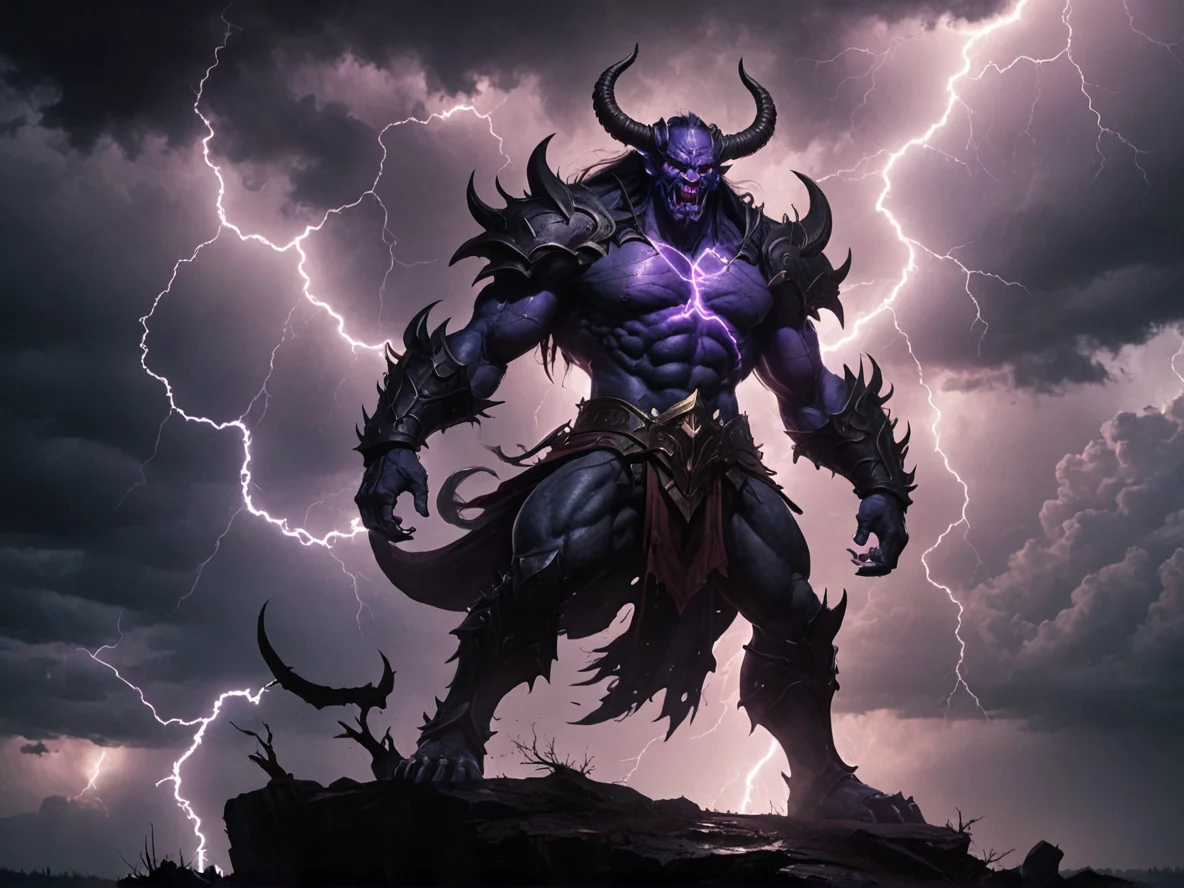 Oathbound (Demon:1.1), Voidwalker, Under a stormy sky, lightning illuminating their silhouette, full-body shot, weak