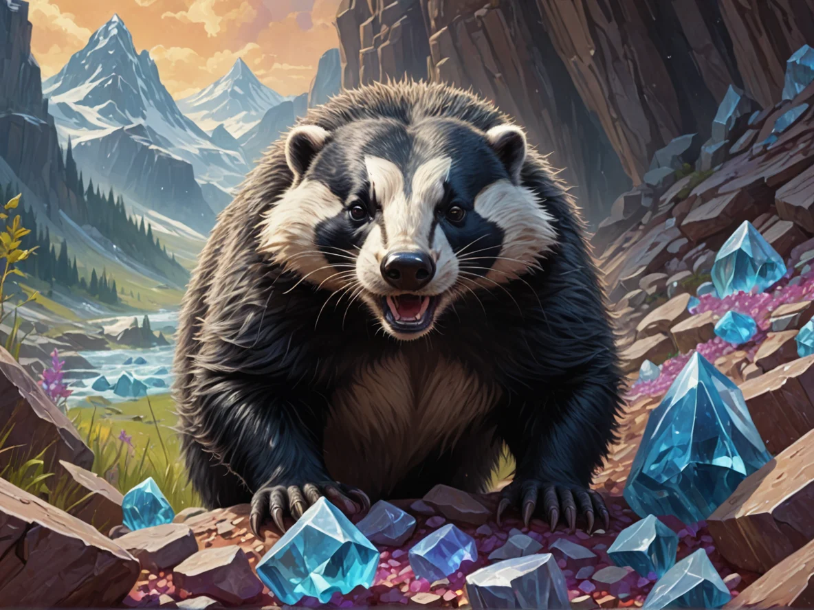 Relentless (Badger:1.1), In a valley filled with giant ringing crystals, medium close-up, weak