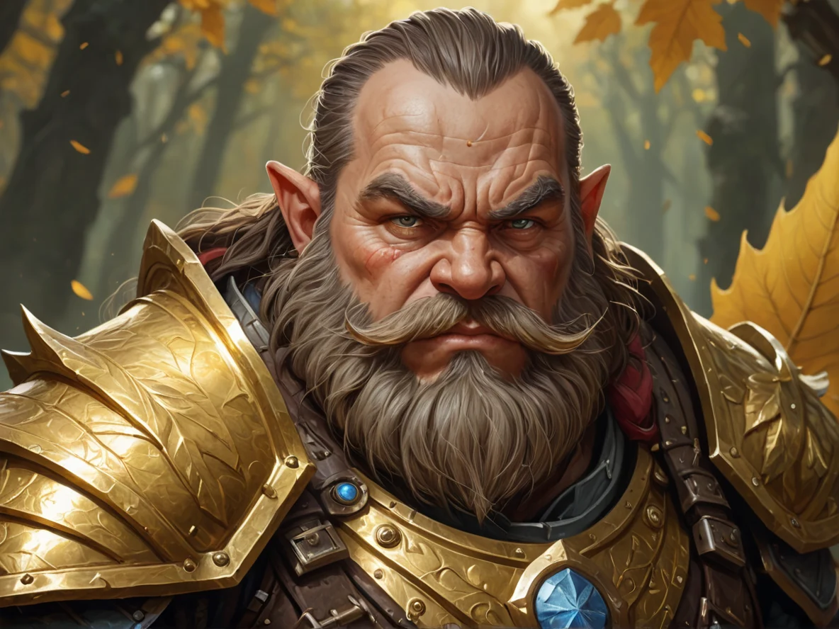 Tactical (Dwarf:1.1), Gunslinger, A shield made from a single enormous golden leaf, close-up portrait, weak