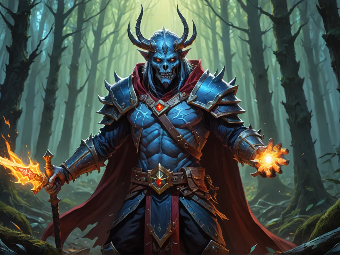 Stormborn (Undead:1.1), Occultist, A crown of tiny swords pointed outward, dynamic angle, glowing forest, weak