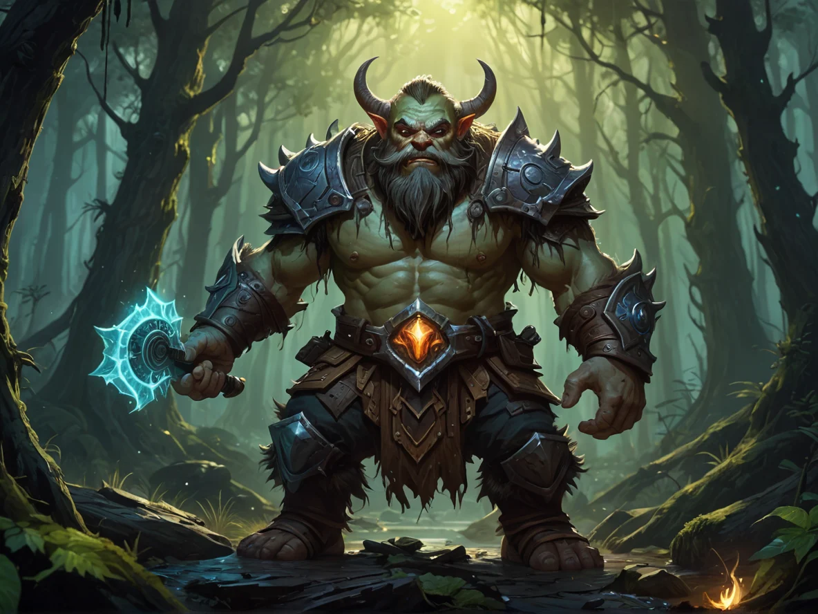 Unyielding (Dwarf:1.1), Spellbreaker, Luminous scar that changes color, low angle shot, dark swamp, weak
