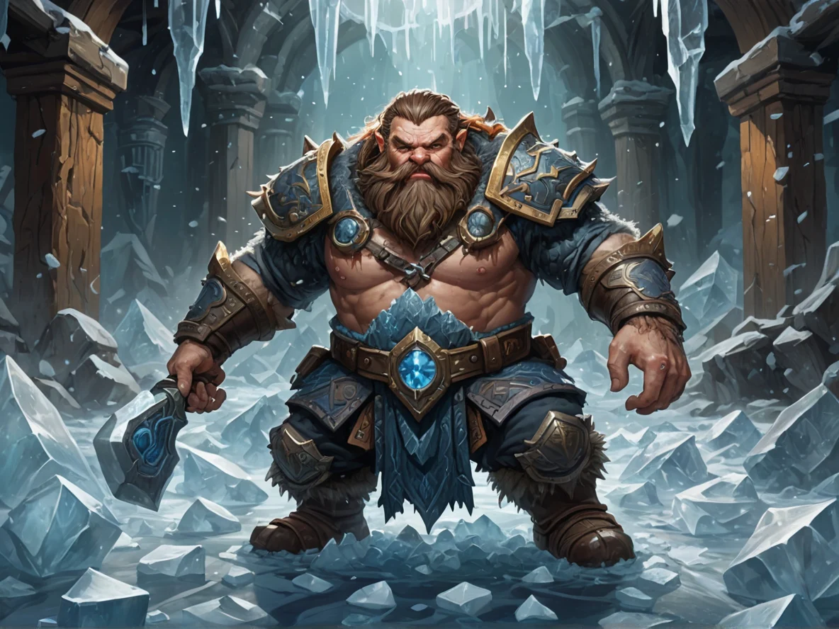 Intimidating (Dwarf:1.1), Hunter, Surrounded by floating shards of ice, three-quarter view, dwarven forge, weak