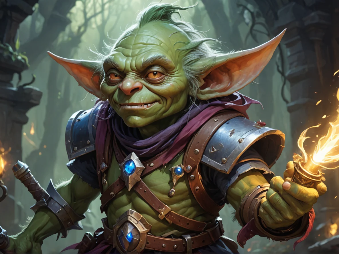 Cunning (Goblin:1.1), Artificer, A ribbon of dawn-colored light trailing from the weapon, medium close-up, weak