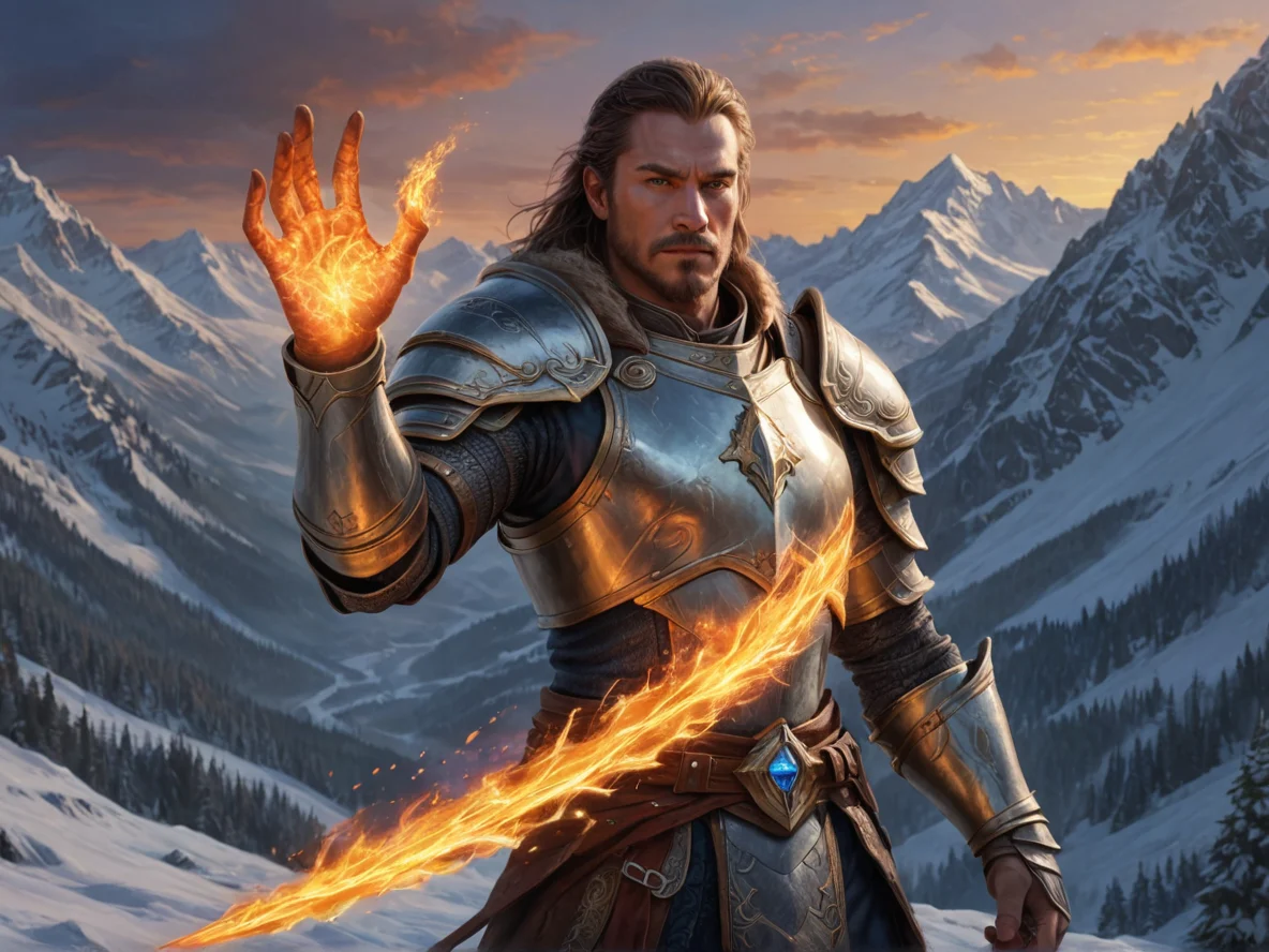 Duskwoven Human male, Caucasian, Knight, Hands glow with ethereal fire, three-quarter view, winter mountain, weak