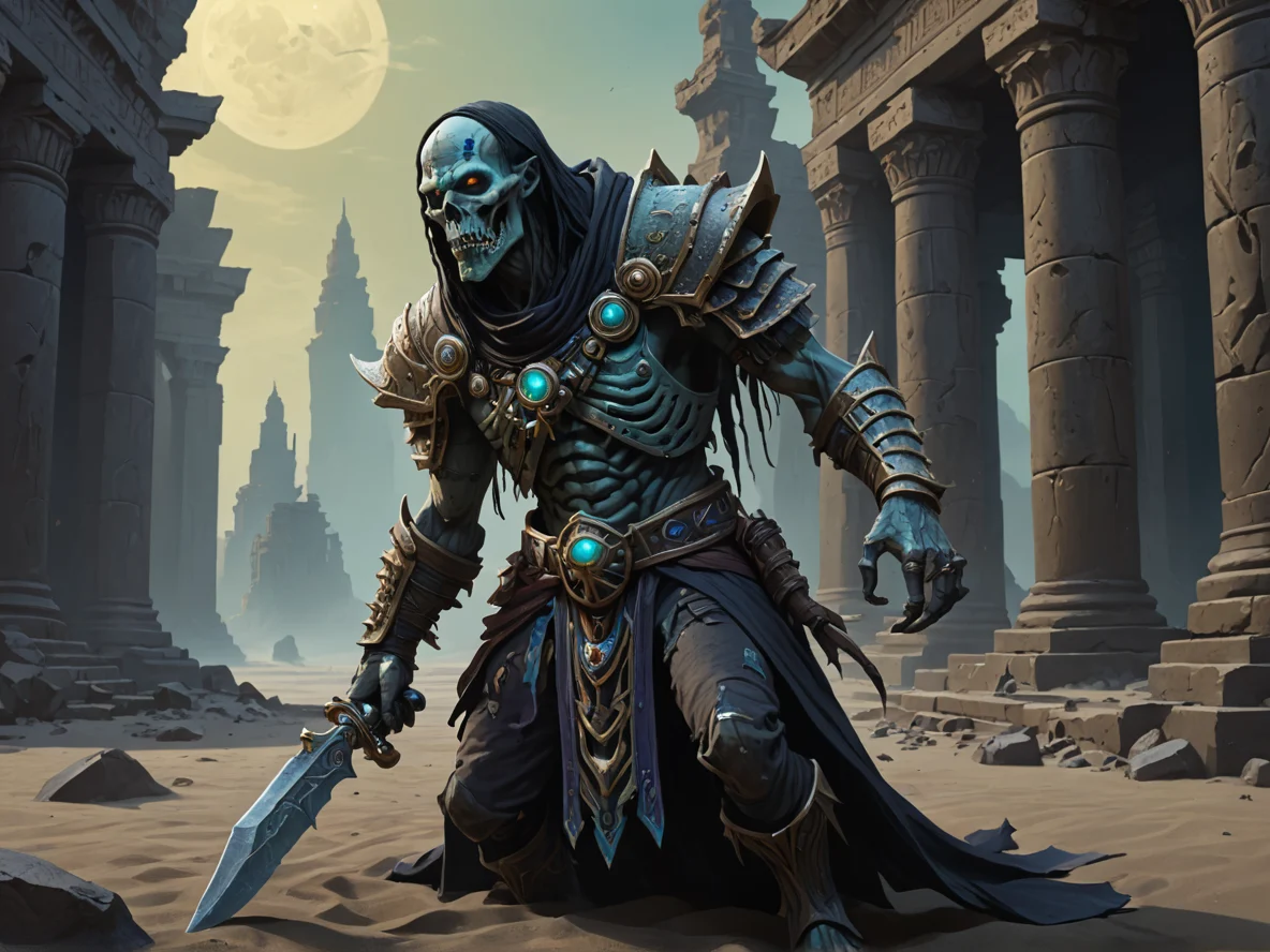 Unyielding (Undead:1.1), Gravekeeper, Exploring the ruins of an ancient temple, three-quarter view, black sand desert, weak