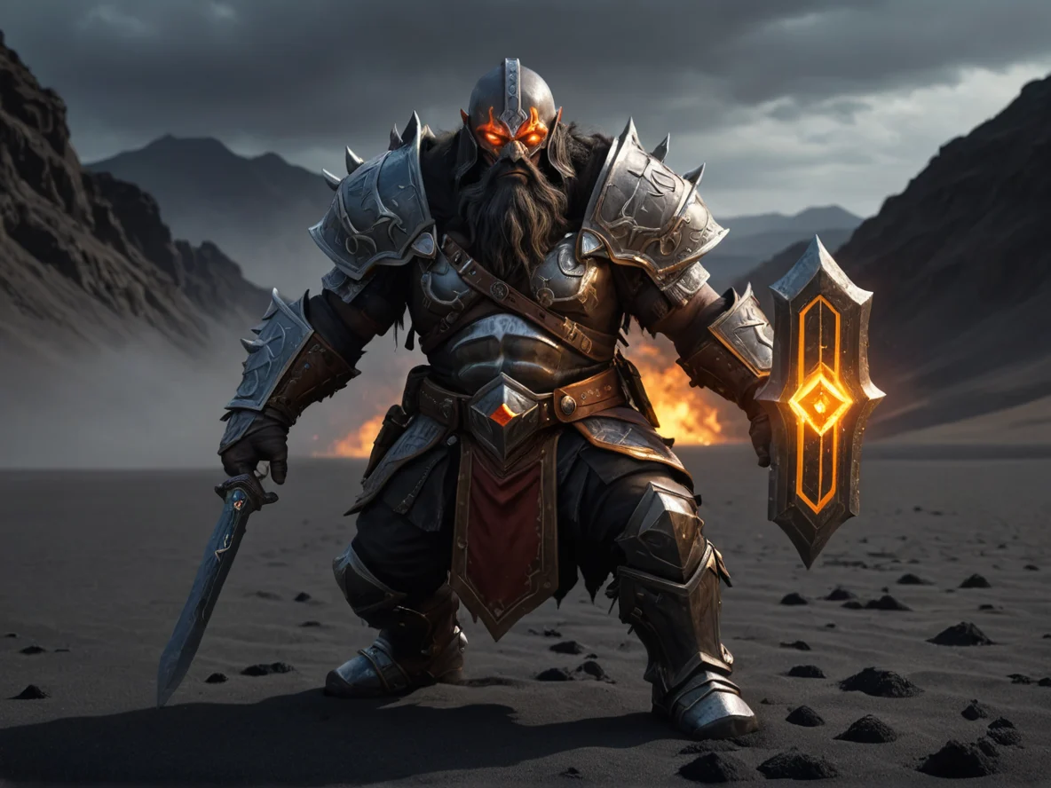 Stealthy (Dwarf:1.1), Inquisitor, A steel mask split by a glowing vertical rune, full-body shot, black sand desert, weak