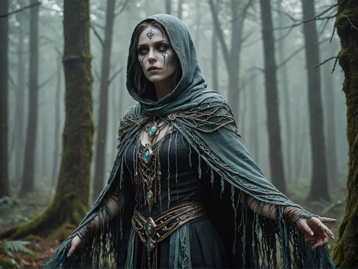 Inquisitive (Undead:1.1), Necromancer, A shawl made from braided strands of mist, three-quarter view, misty forest, weak