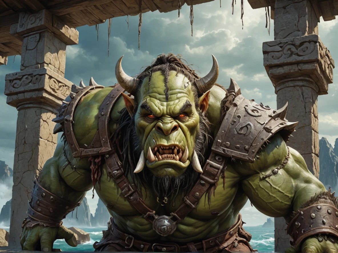 Pessimistic (Orc:1.1), Juggernaut, Inside a temple suspended upside down above the sea, close-up portrait, stone circle, weak