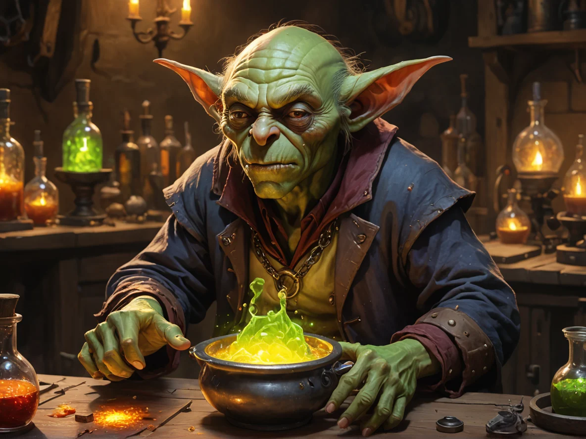 Unforgiving (Goblin:1.1), Gunslinger, In an alchemist’s lab, mixing glowing liquids, waist-up shot, weak