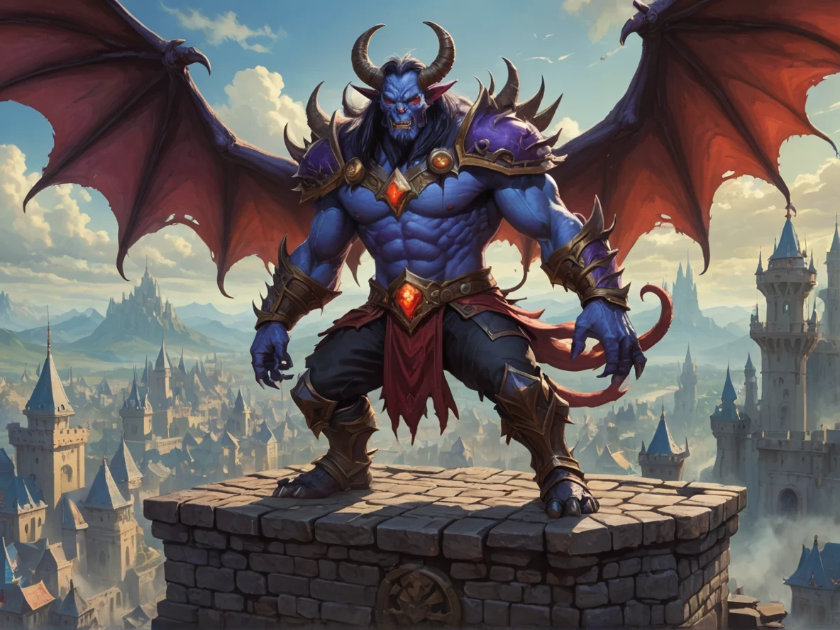 Heroic (Demon:1.1), Illusionist, Atop a fortress, full-body shot, weak