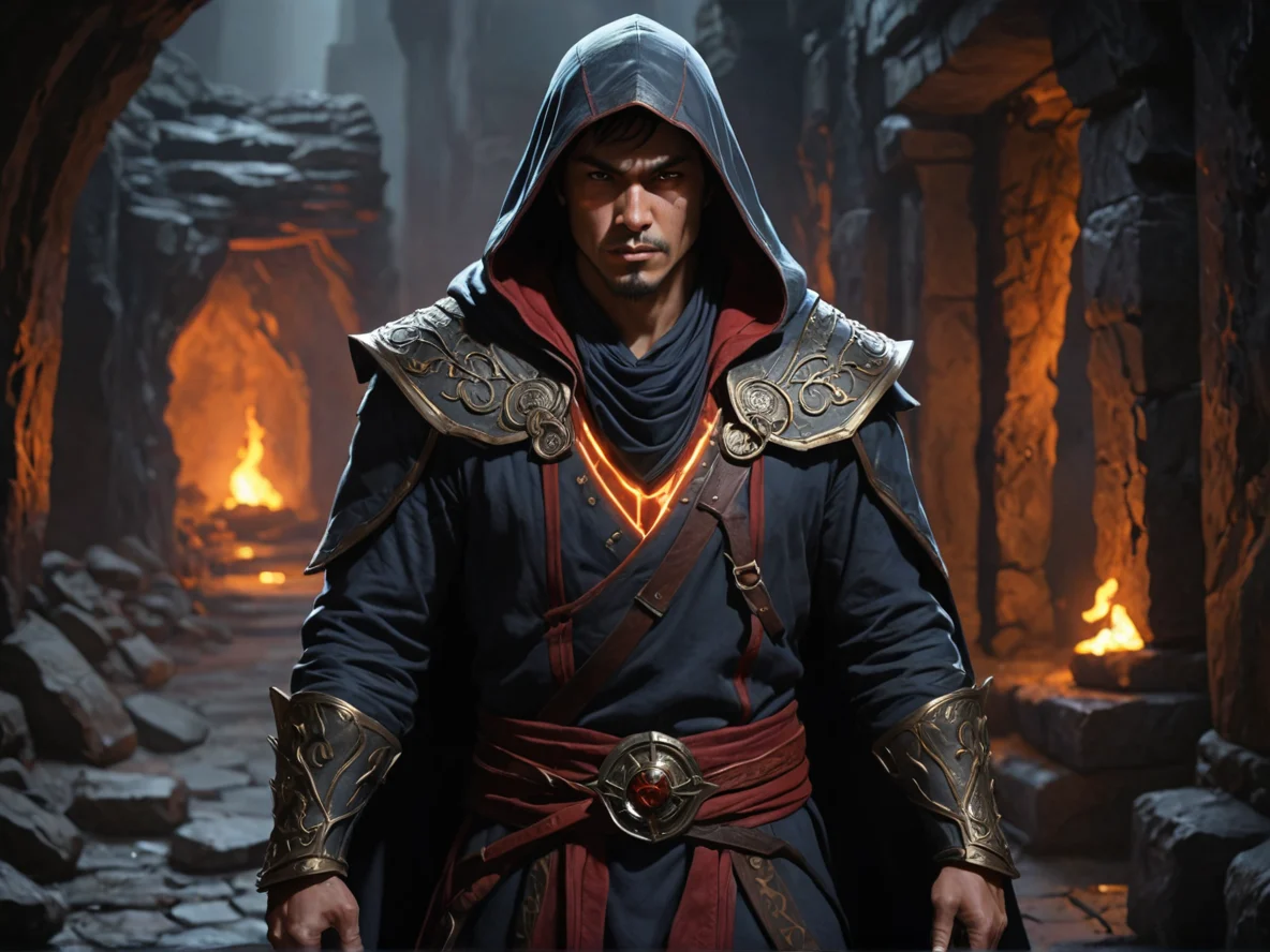 Agile Human male, East Asian, Inquisitor, In a shadowy alley, cloaked in the dim light of the moon, medium close-up, lava cave, weak