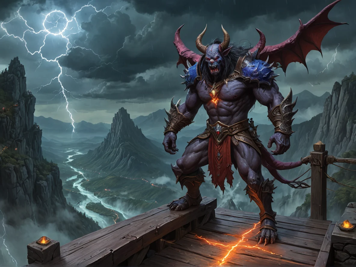 Heroic (Demon:1.1), Assassin, On a bridge connecting two drifting mountain peaks, full-body shot, thunderstorm sky, weak