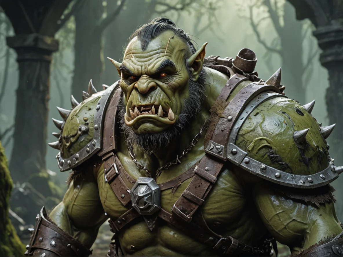 Fearsome (Orc:1.1), Bounty Hunter, Small portals opening and closing around the shoulders, three-quarter view, poisonous marsh, weak