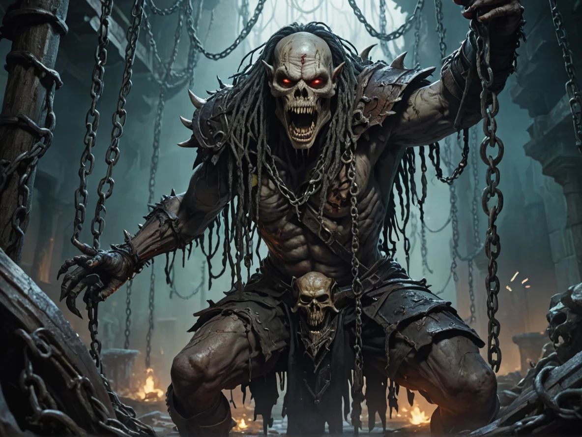 Fierce (Undead:1.1), Harbinger, In a labyrinth of hanging chains, echoes whispering secrets, low angle shot, ruined harbor, weak