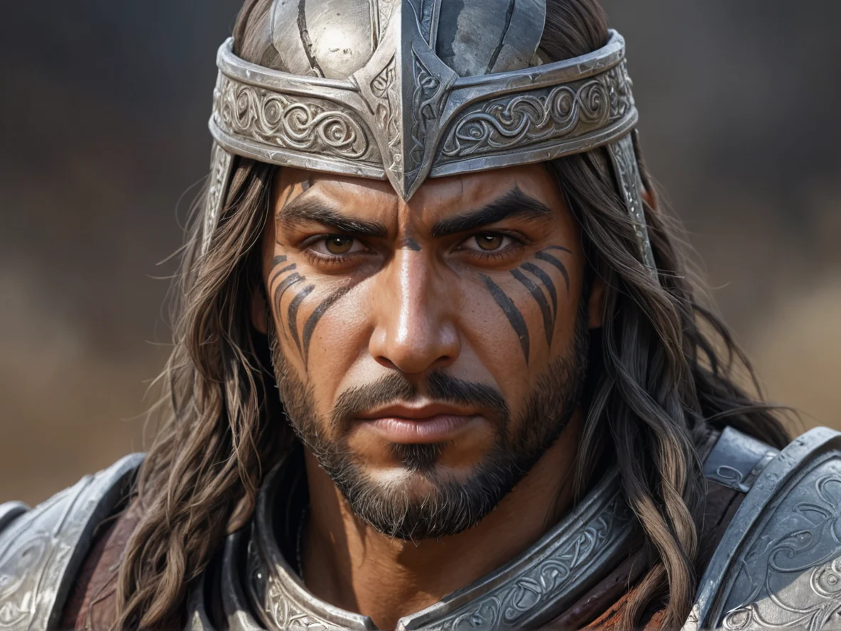 Ironclad Human male, Middle Eastern, Ranger, A face painted with vertical streaks of silver, close-up portrait, weak