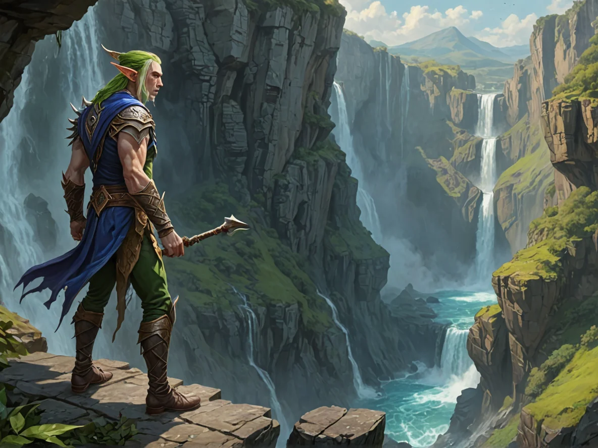 Vicious (Elf:1.1), Sorcerer, At the edge of a cliff overlooking a roaring waterfall, waist-up shot, underwater ruins, weak