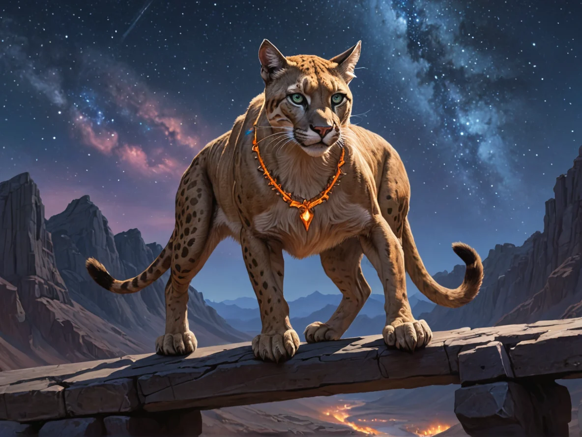 Infernal (Puma:1.1), On a bridge of bones spanning a chasm, waist-up shot, starry plains, weak