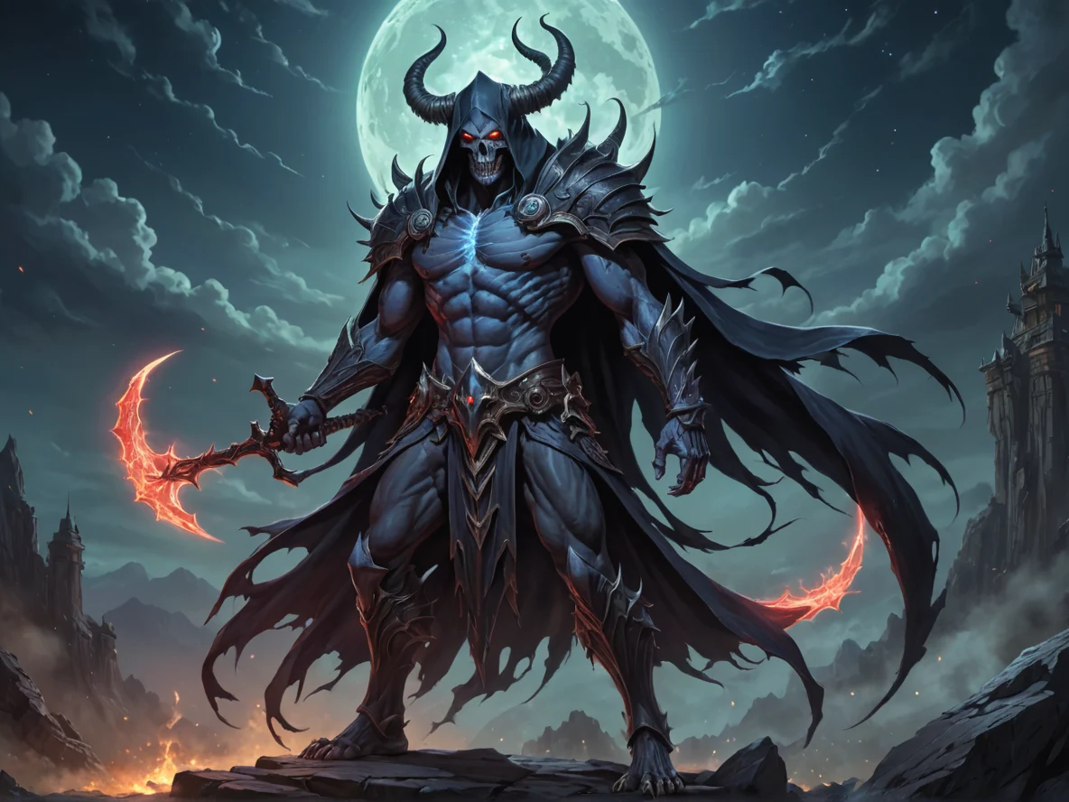 Compassionate (Demon:1.1), Reaper, Thin beams of moonlight converging on the figure, full-body shot, weak