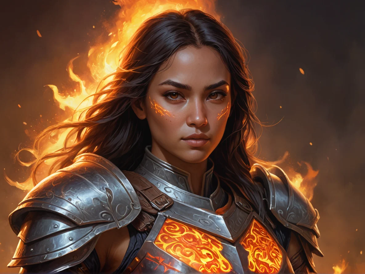 Resilient Human female, Pacific Islander, Knight, Armor of glowing embers, close-up portrait, weak