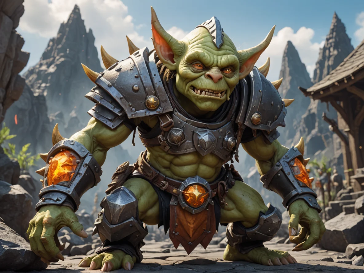Sunblessed (Goblin:1.1), Engineer, Armor made of volcanic rock, low angle shot, fantasy market, weak