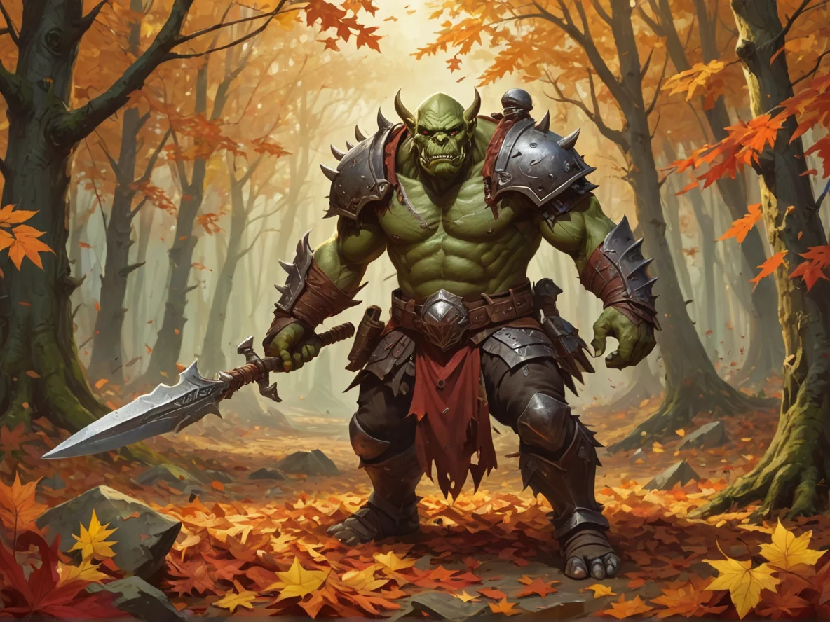 Tactical (Orc:1.1), Assassin, A spear surrounded by a spiral of autumn leaves, full-body shot, autumn forest, weak