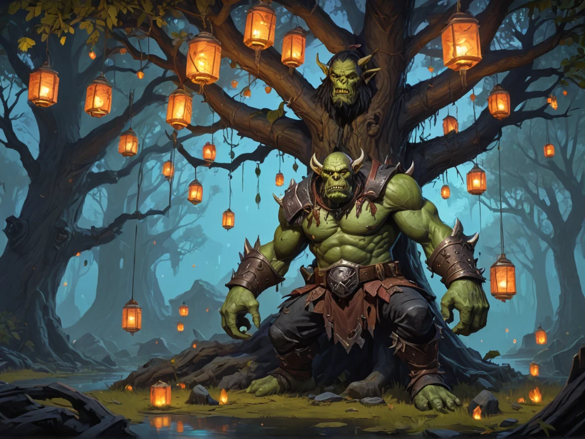 Malicious (Orc:1.1), Spellbreaker, Beneath a dead tree covered in hanging lanterns, full-body shot, floating island, weak
