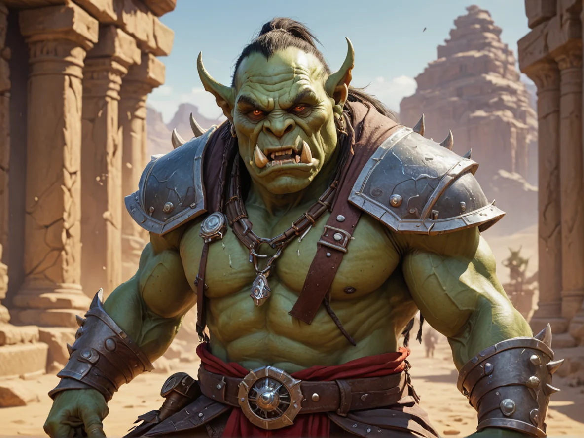 Mischievous (Orc:1.1), Spellbreaker, Wears a blindfold but sees everything, waist-up shot, desert temple, weak