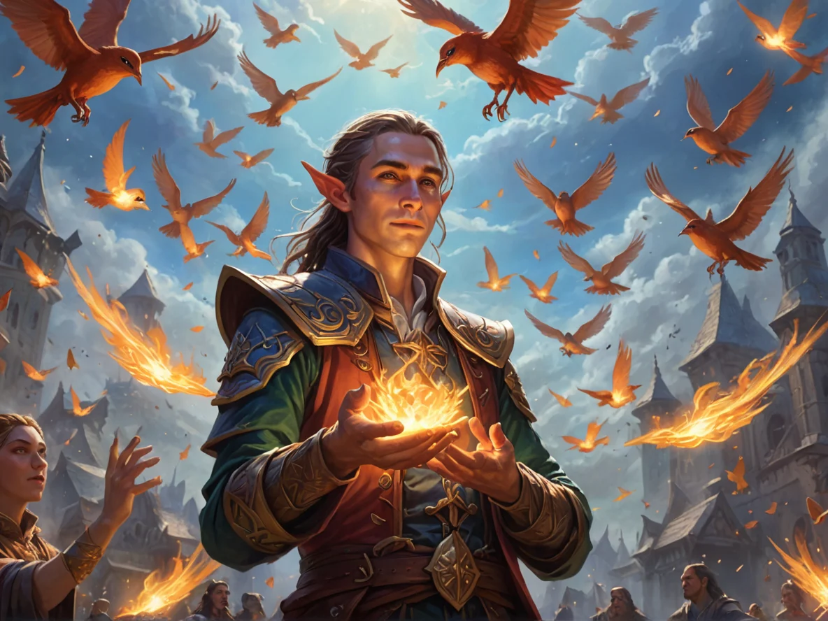 Emberborn (Elf:1.1), Bard, Releasing a flock of glowing birds from cupped hands, medium close-up, sky fortress, weak